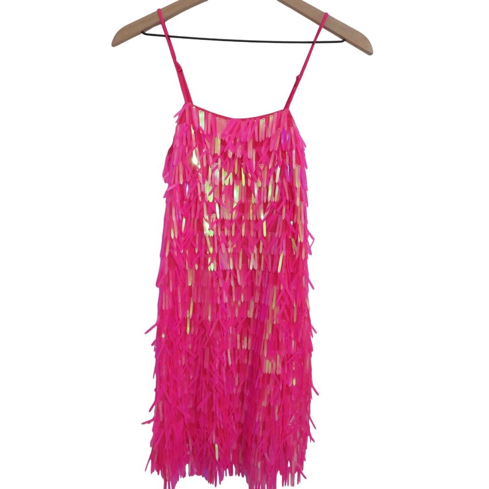 Allison & Kelly Womens Sz XS Hot Pink Fringe Layered Sequin Mini Dress Cocktail